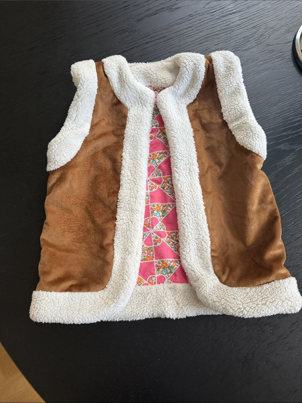 Kids Reveraoble Brown Faux-Suede and Pink Pattern Vest with Cream Sherpa Trim